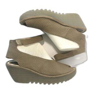 FLY LONDON Sandals Women's Size 8/8.5 Tan Yala Wedge Perforated Peep Toe